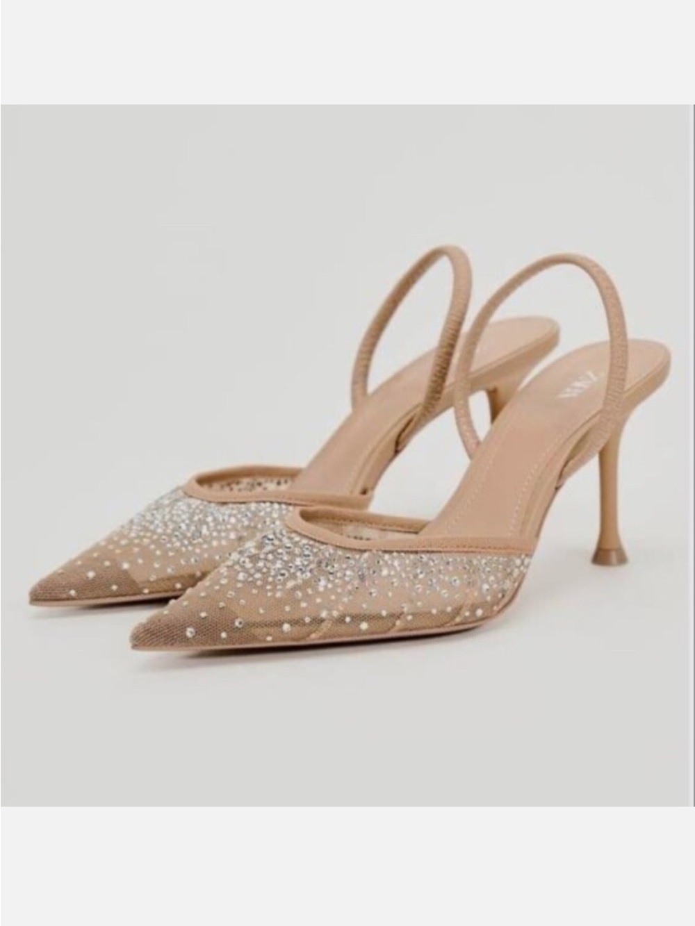 Zara Nude Slingback Pointed-Toe Heels with Crystal Detail